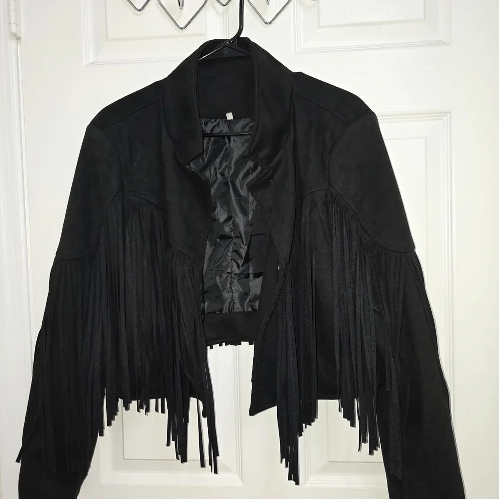 Women's Black Leather Fringe Jacket - Picture 2 of 3